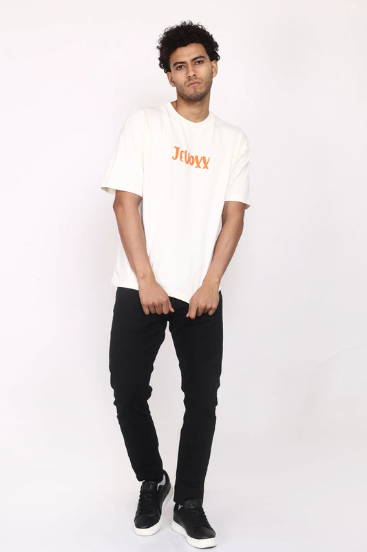 Jevoxx Signature Tee – Off-White with Orange Hit