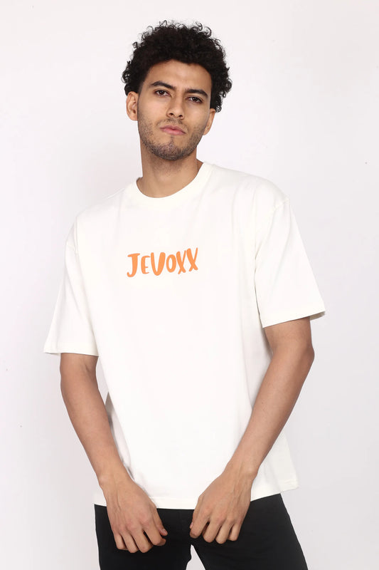 Jevoxx Signature Tee – Off-White with Orange Hit