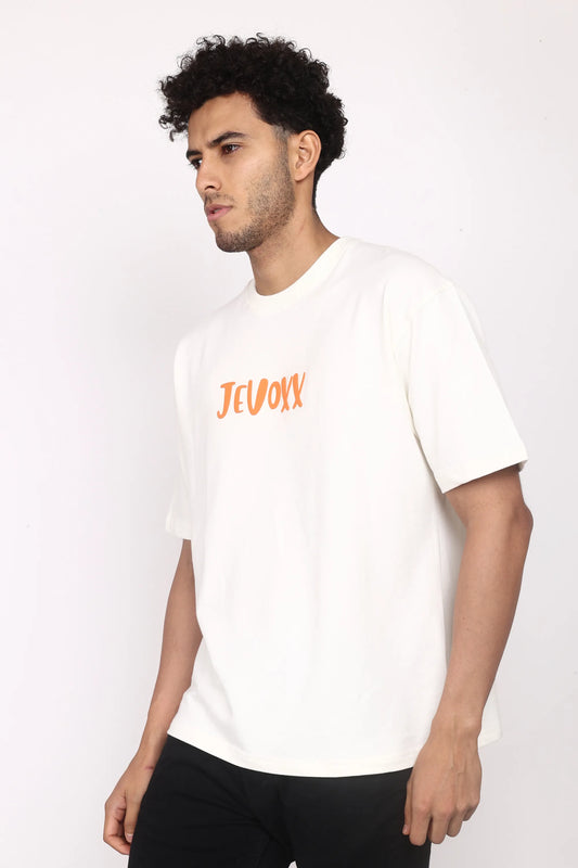 Jevoxx Signature Tee – Off-White with Orange Hit
