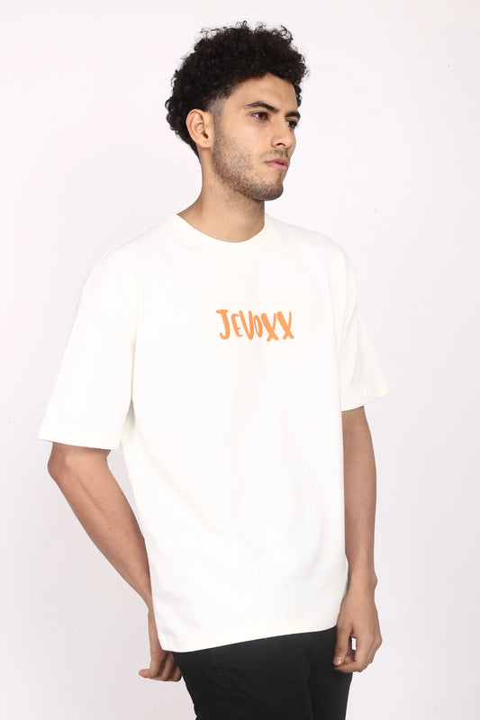 Jevoxx Signature Tee – Off-White with Orange Hit