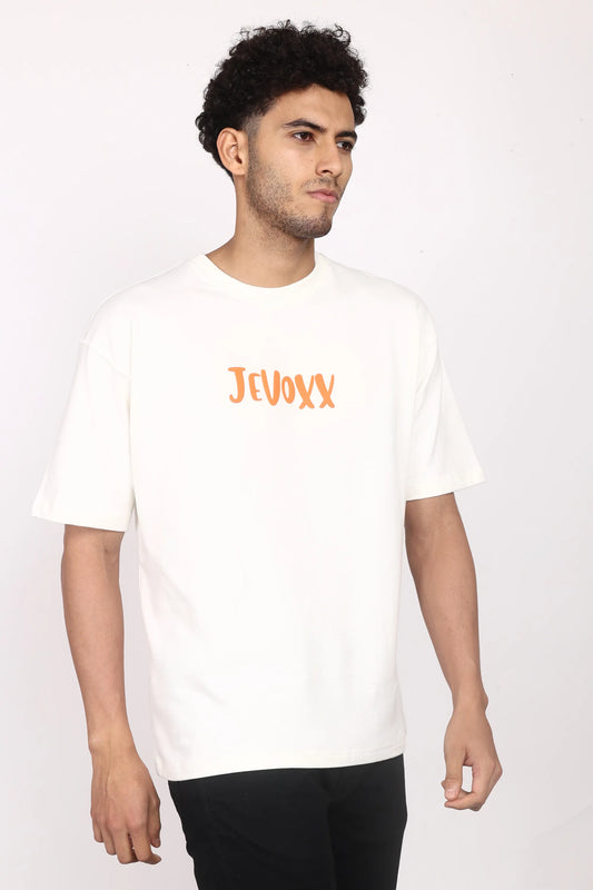 Jevoxx Signature Tee – Off-White with Orange Hit
