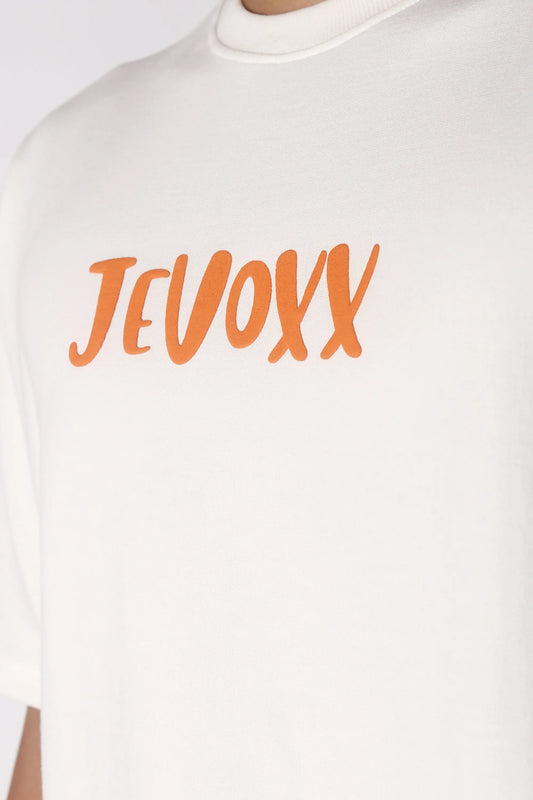 Jevoxx Signature Tee – Off-White with Orange Hit