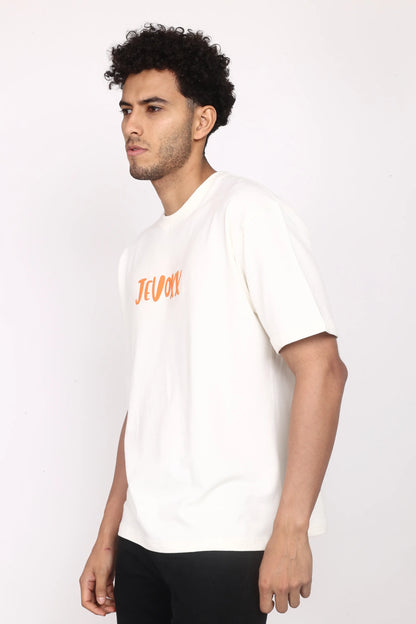Jevoxx Signature Tee – Off-White with Orange Hit